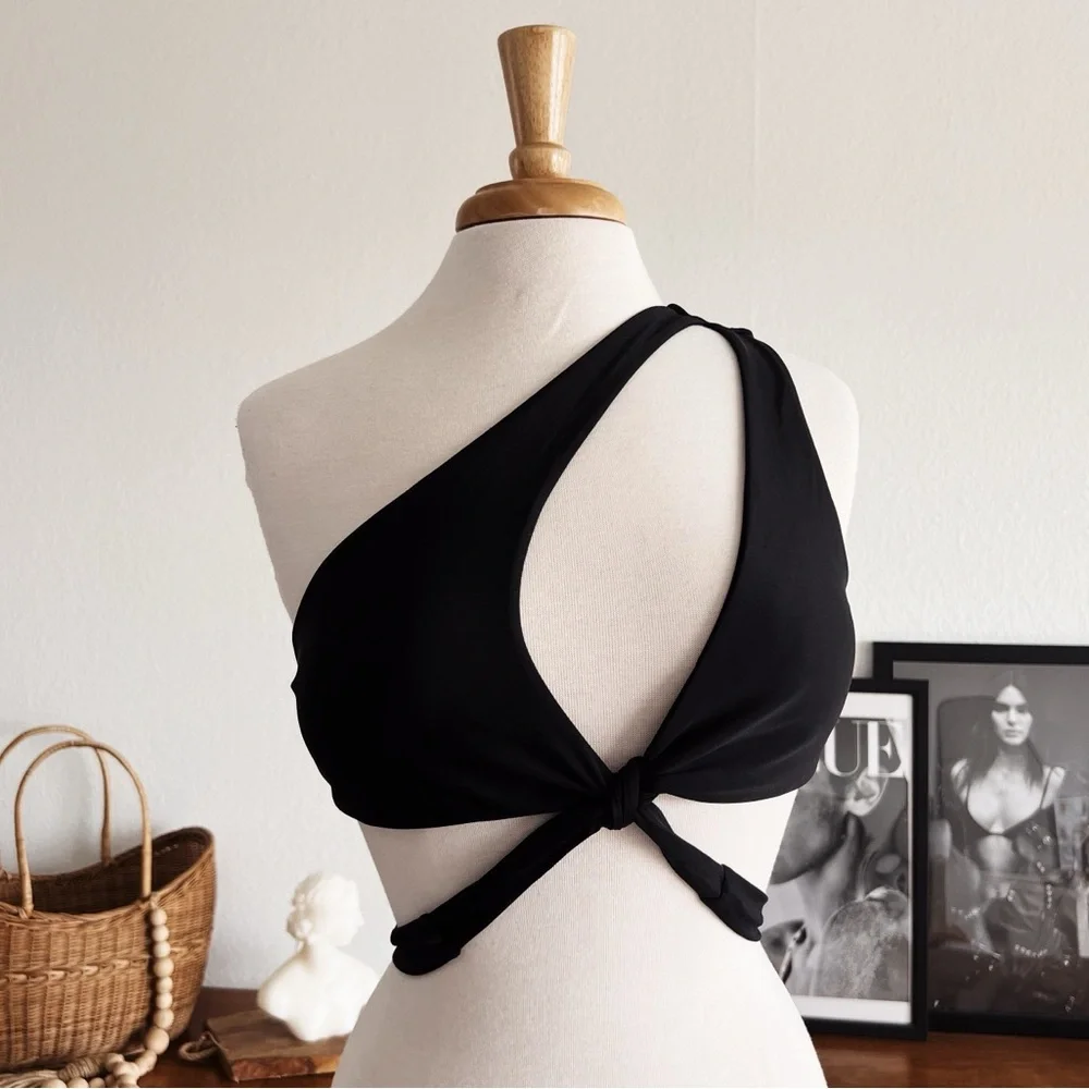 BLACK ONE SHOULDER STRAPPY BIKINI TOP #0363 - Picture 2 of 6